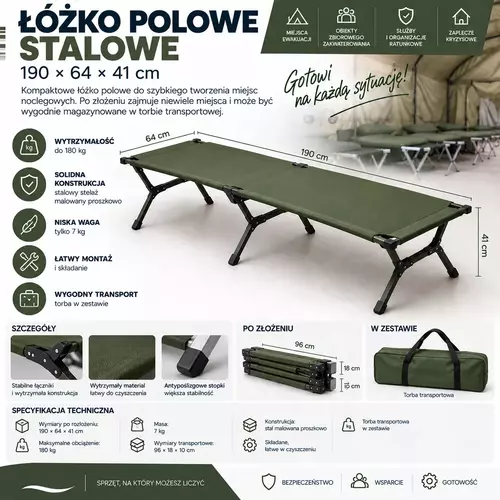 Łóżko polowe stalowe 190 × 64 × 41 cm 1