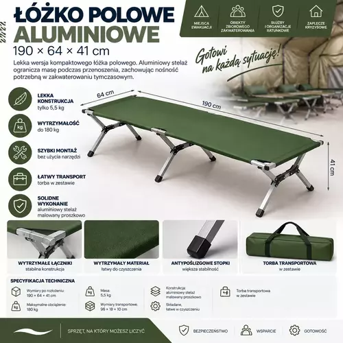 Łóżko polowe aluminiowe 190 × 64 × 41 cm 1