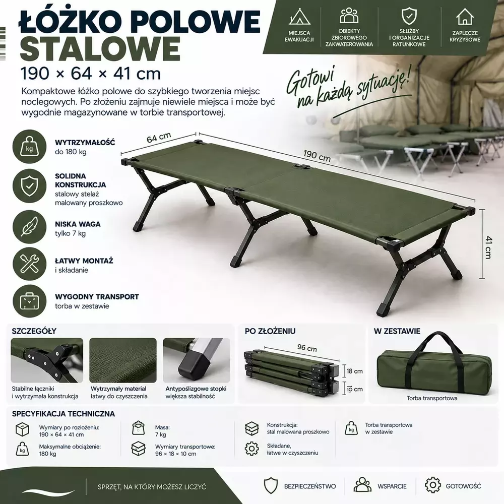Łóżko polowe stalowe 190 × 64 × 41 cm 1