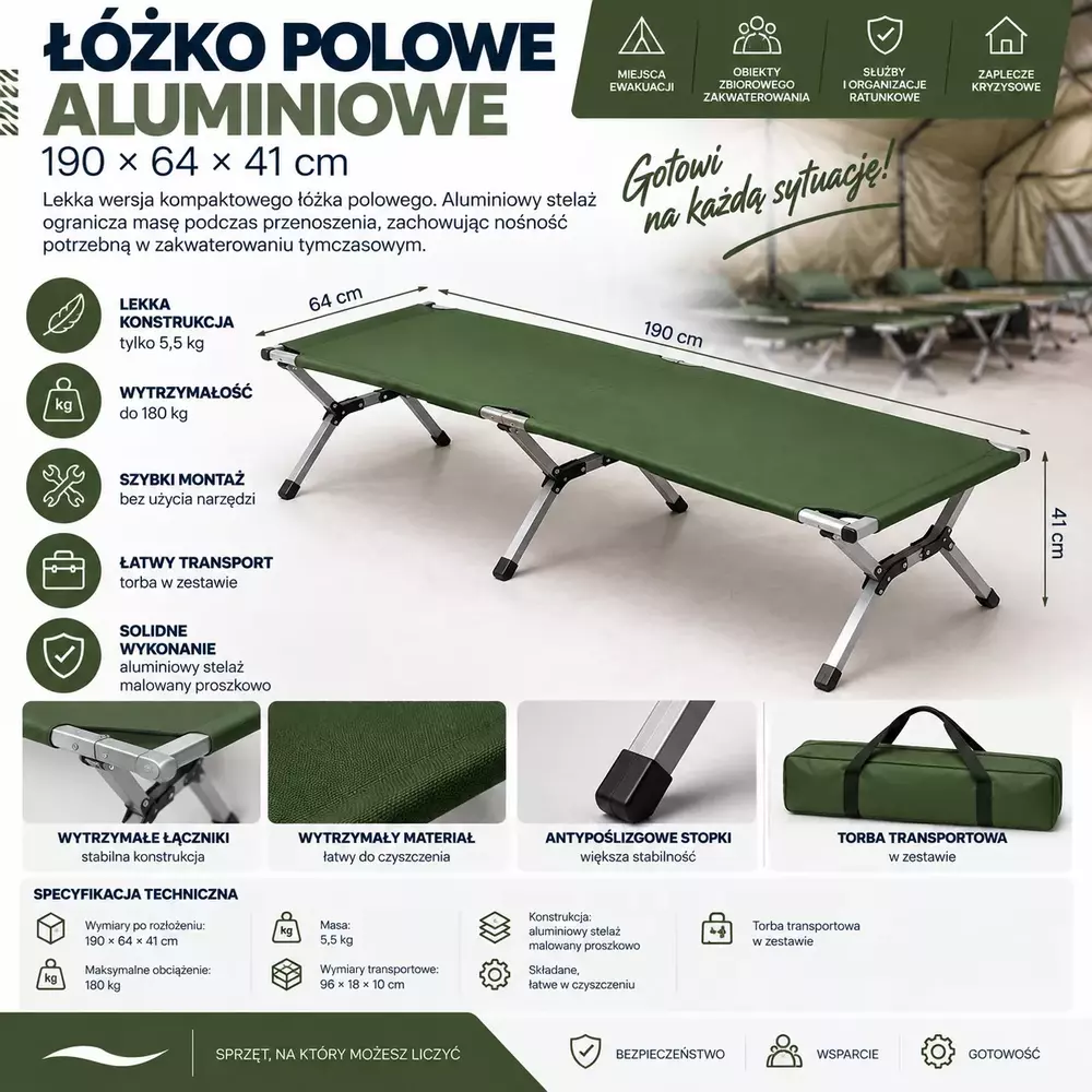 Łóżko polowe aluminiowe 190 × 64 × 41 cm 1